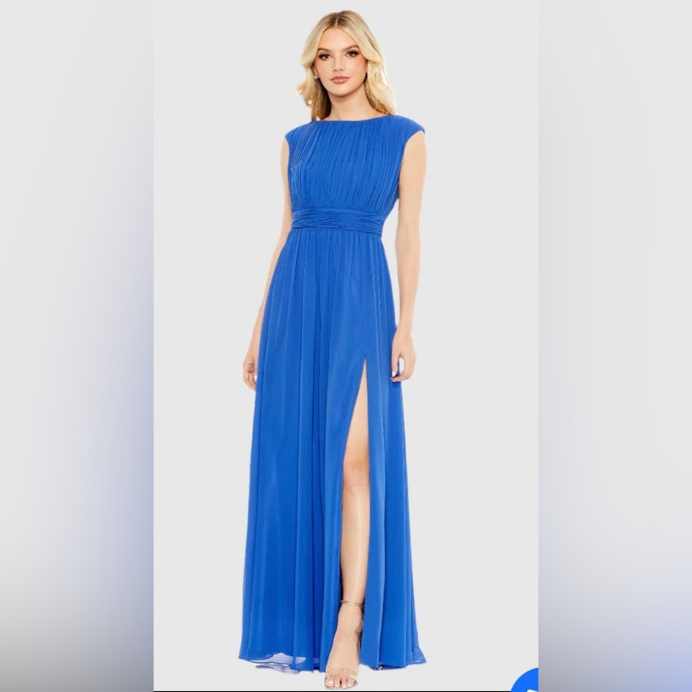 Mac Duggal Pleated Bateau Cap Sleeve A Line Gown